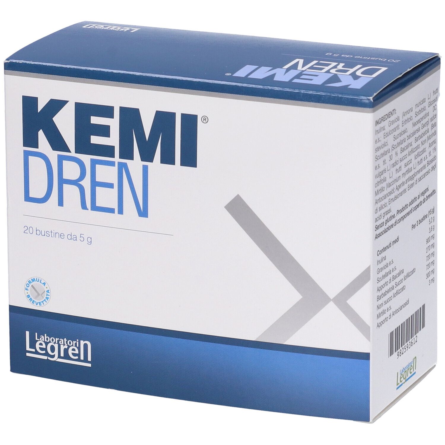Scatola Kemi Dren, 20 bustine da 5 g. Logo Laboratori Legren. Testo in italiano.