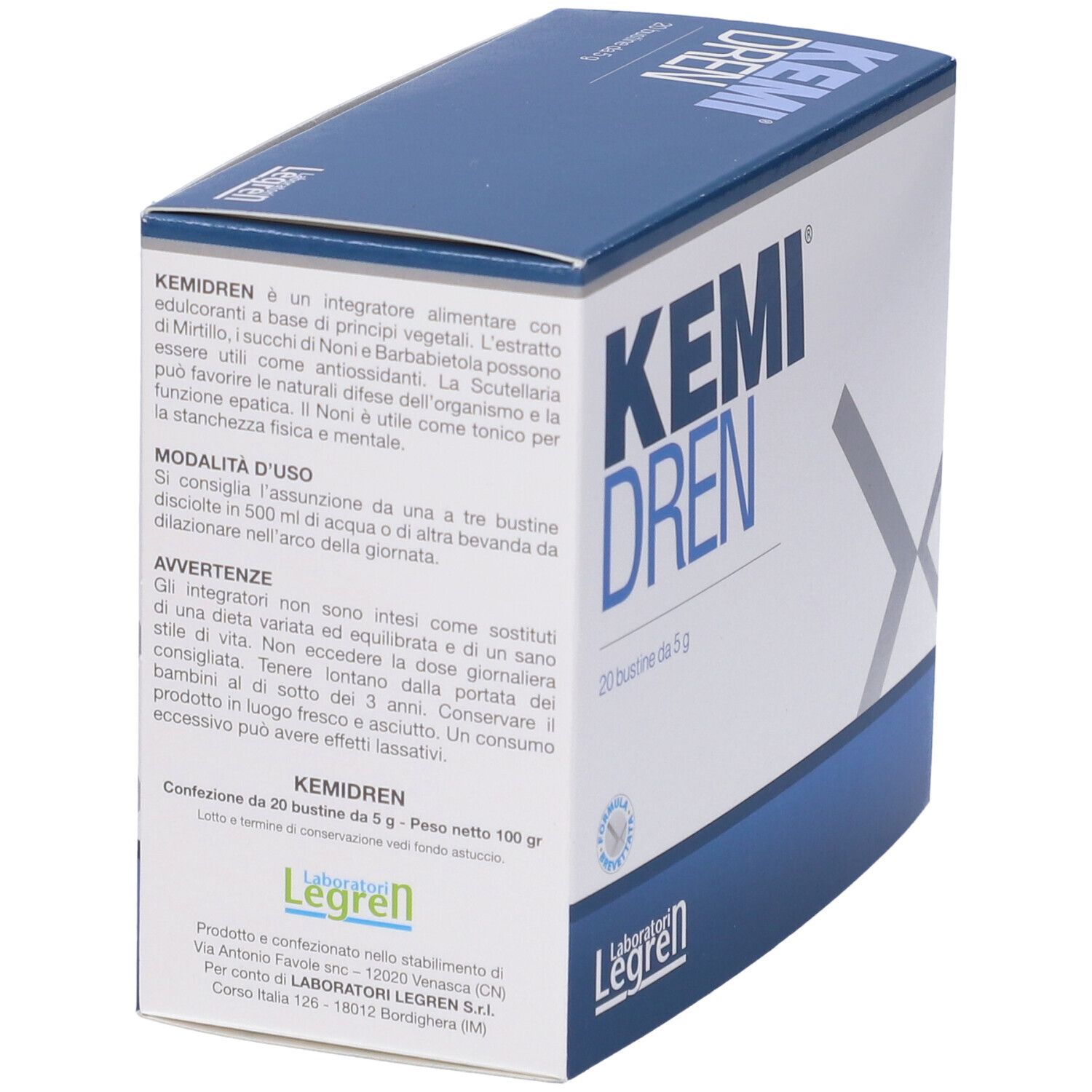 Scatola Kemi Dren con istruzioni. 20 bustine da 5 g. Testo in italiano.