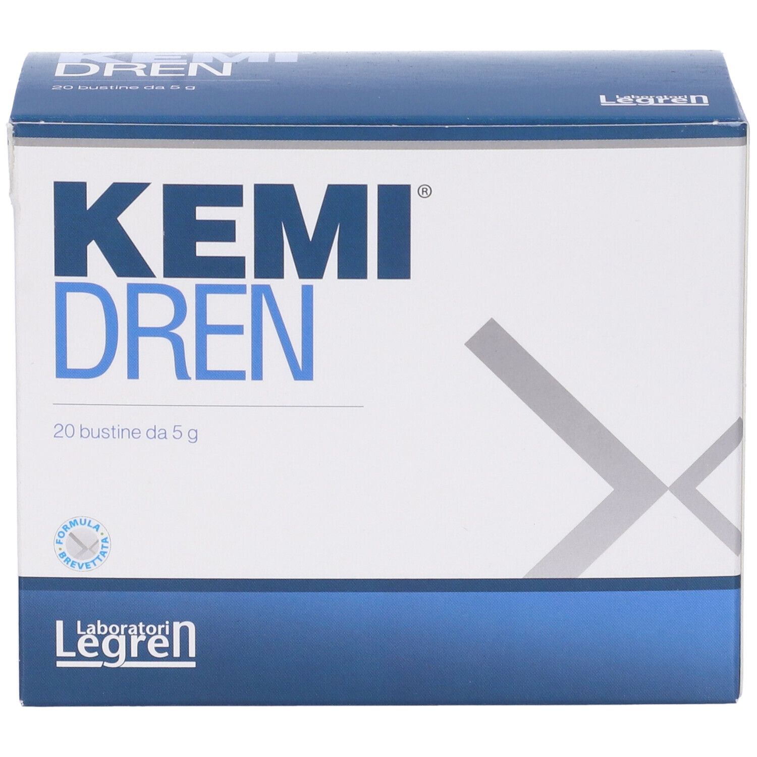 Scatola Kemi Dren, 20 bustine da 5 g. Logo Laboratori Legren. Testo in italiano.