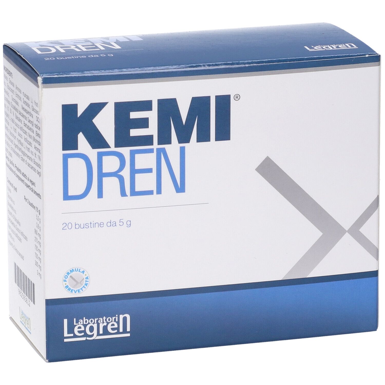 Scatola Kemi Dren, 20 bustine da 5 g. Logo Laboratori Legren. Testo in italiano.