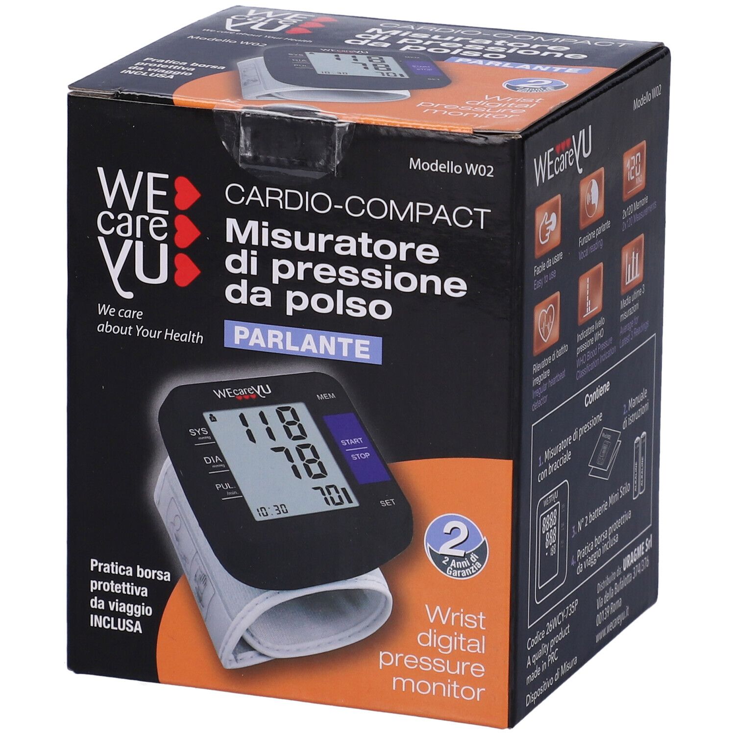 Confezione nera del misuratore di pressione da polso Cardio-Compact. Immagine e testo del prodotto. Include monitor, bracciale e accessori.