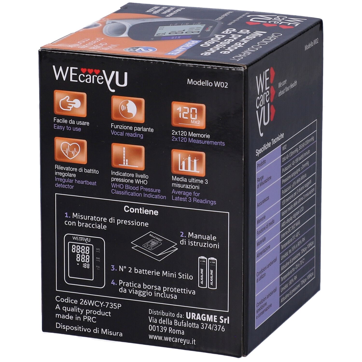 Confezione del misuratore di pressione con icone e testo. Sfondo nero con caratteristiche del prodotto e accessori inclusi. Contiene batterie e istruzioni.