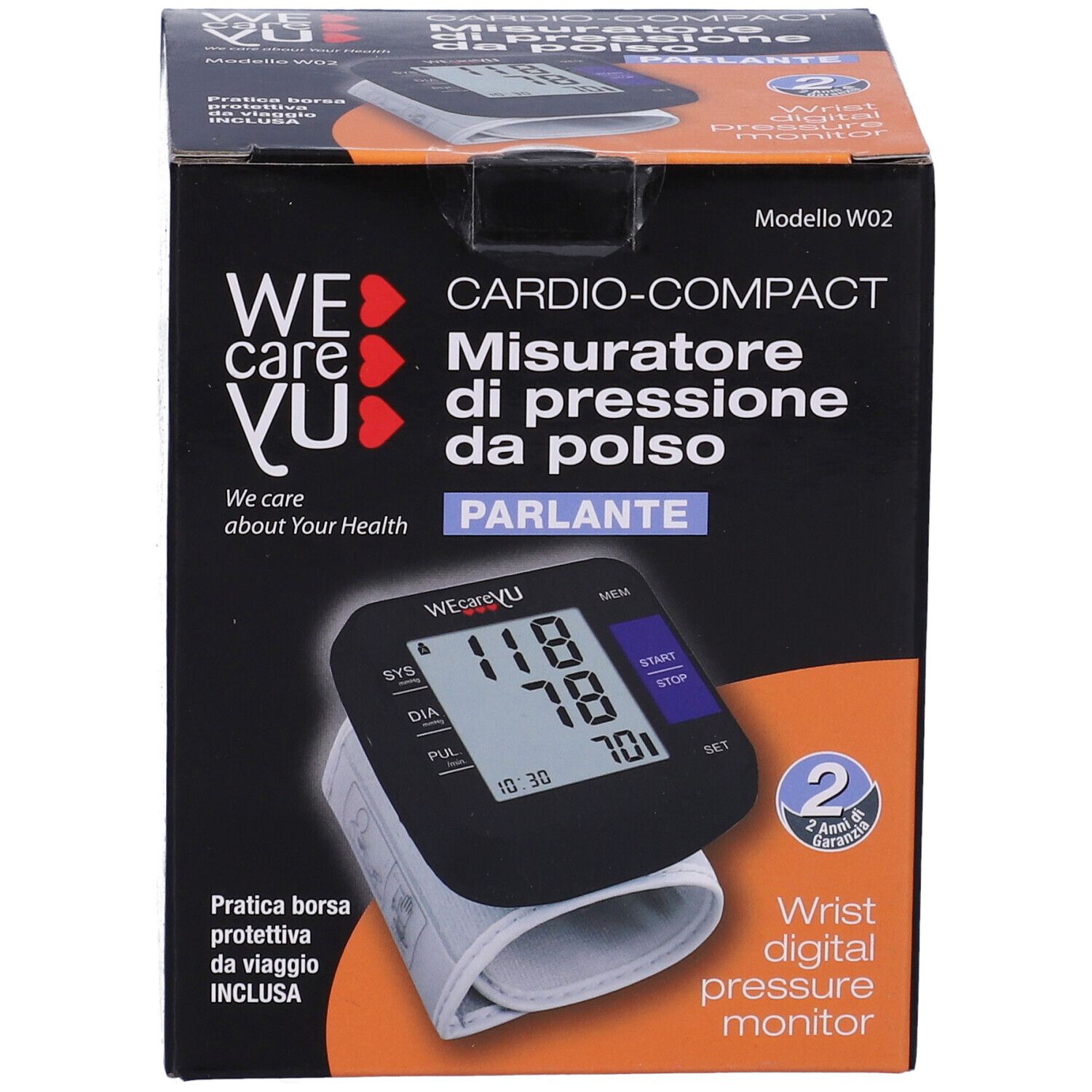 Fronte della confezione del misuratore di pressione. Scatola nera con immagine del prodotto e testo. Include monitor, bracciale e accessori.