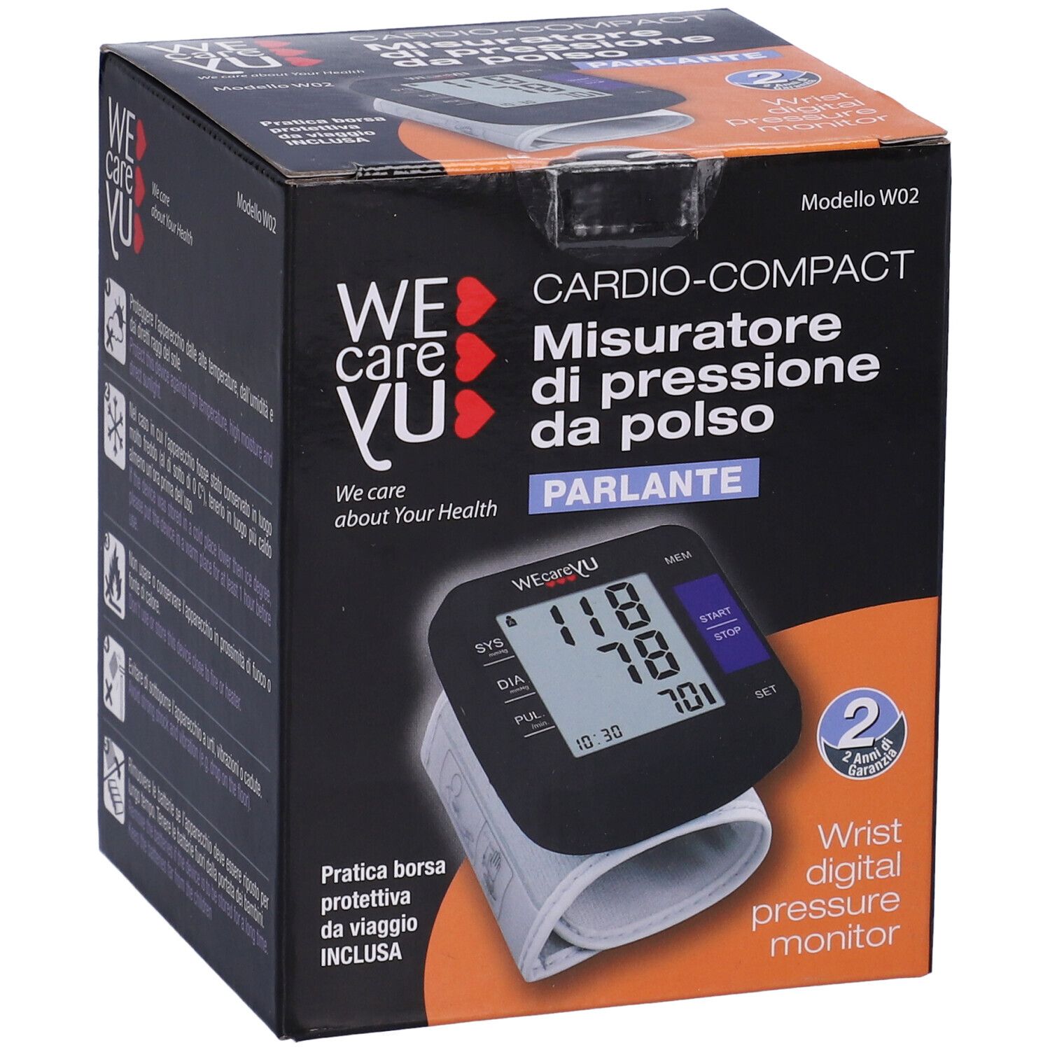Fronte della confezione del misuratore di pressione. Scatola nera con immagine del prodotto e testo. Include monitor, bracciale e accessori.