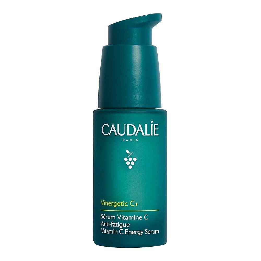 Flacone verde con dosatore. Scritte: Caudalie, Vinergetic C+, Sérum Vitamine C Anti-fatigue, Vitamin C Energy Serum.