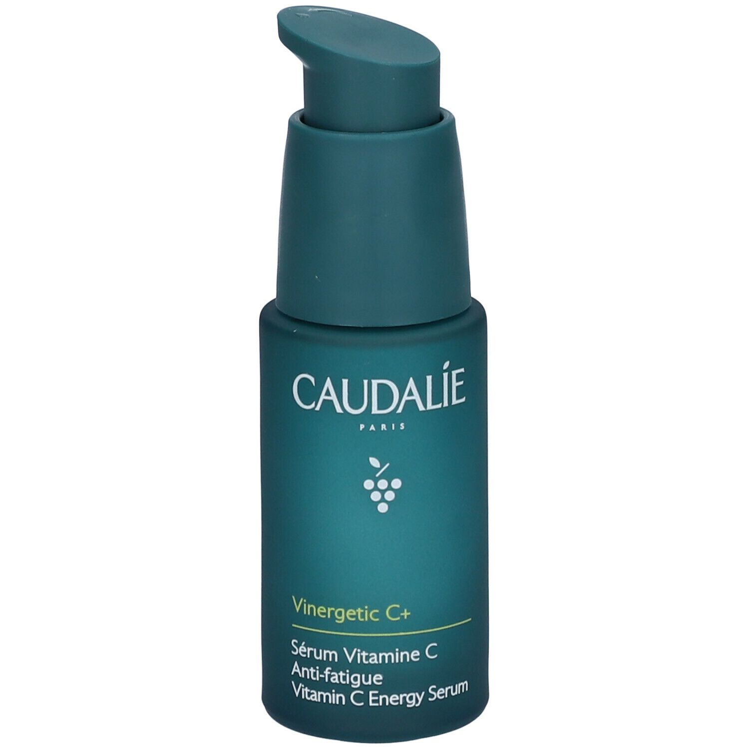 Flacone verde con dosatore. Scritte: Caudalie, Vinergetic C+, Sérum Vitamine C Anti-fatigue, Vitamin C Energy Serum.