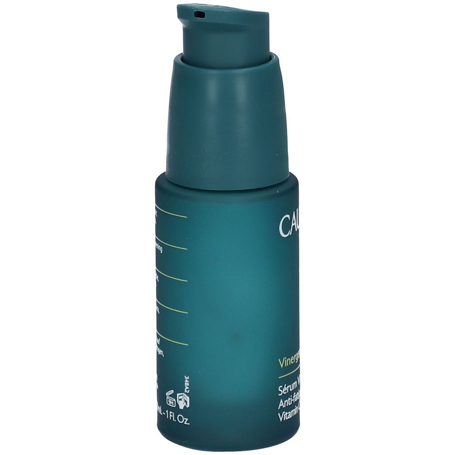 Flacone verde con dosatore. Scritte: Caudalie, Vinergetic C+, Sérum Vitamine C Anti-fatigue, Vitamin C Energy Serum.