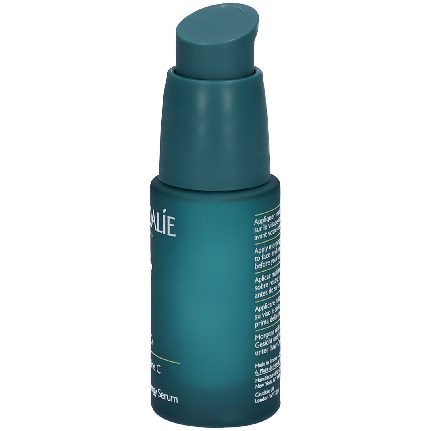 Flacone verde con dosatore. Scritte: Caudalie, Vinergetic C+, Sérum Vitamine C Anti-fatigue, Vitamin C Energy Serum.