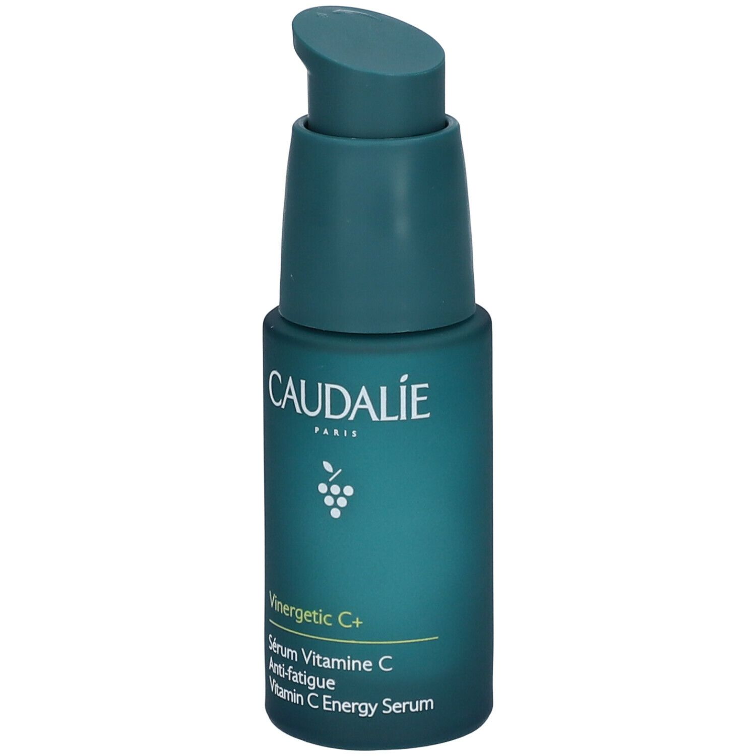 Flacone verde con dosatore. Scritte: Caudalie, Vinergetic C+, Sérum Vitamine C Anti-fatigue, Vitamin C Energy Serum.