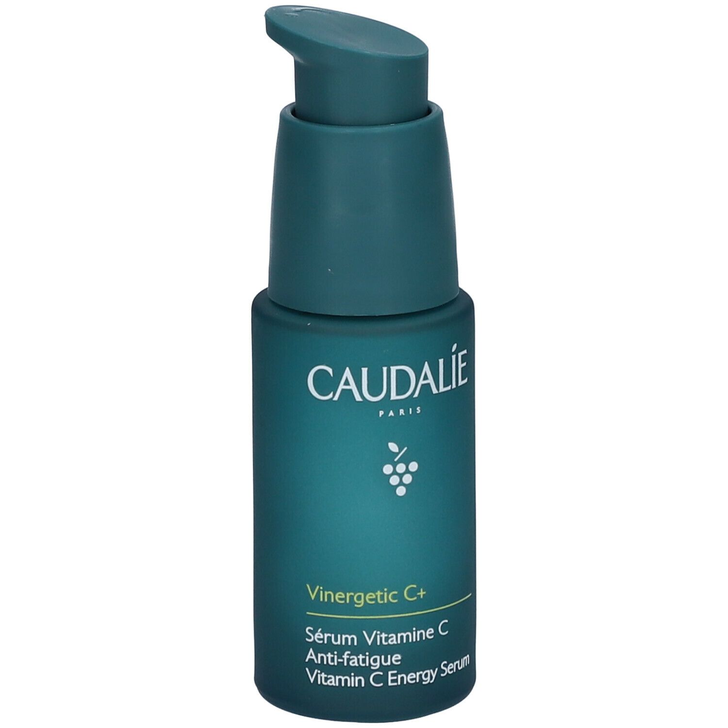Flacone verde con dosatore. Scritte: Caudalie, Vinergetic C+, Sérum Vitamine C Anti-fatigue, Vitamin C Energy Serum.