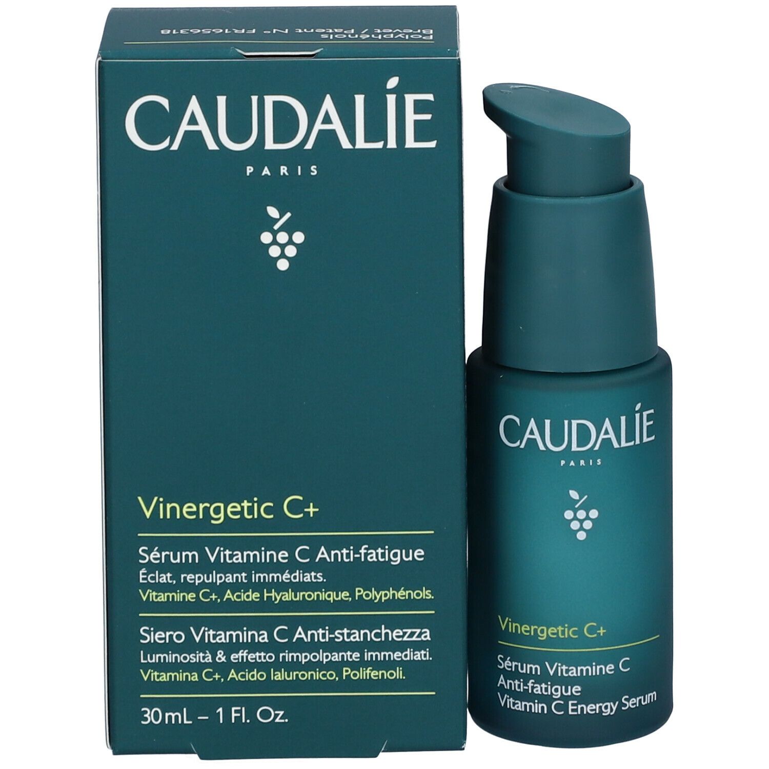 Prodotto e confezione. Flacone verde con dosatore e scatola. Scritte: Caudalie, Vinergetic C+.
