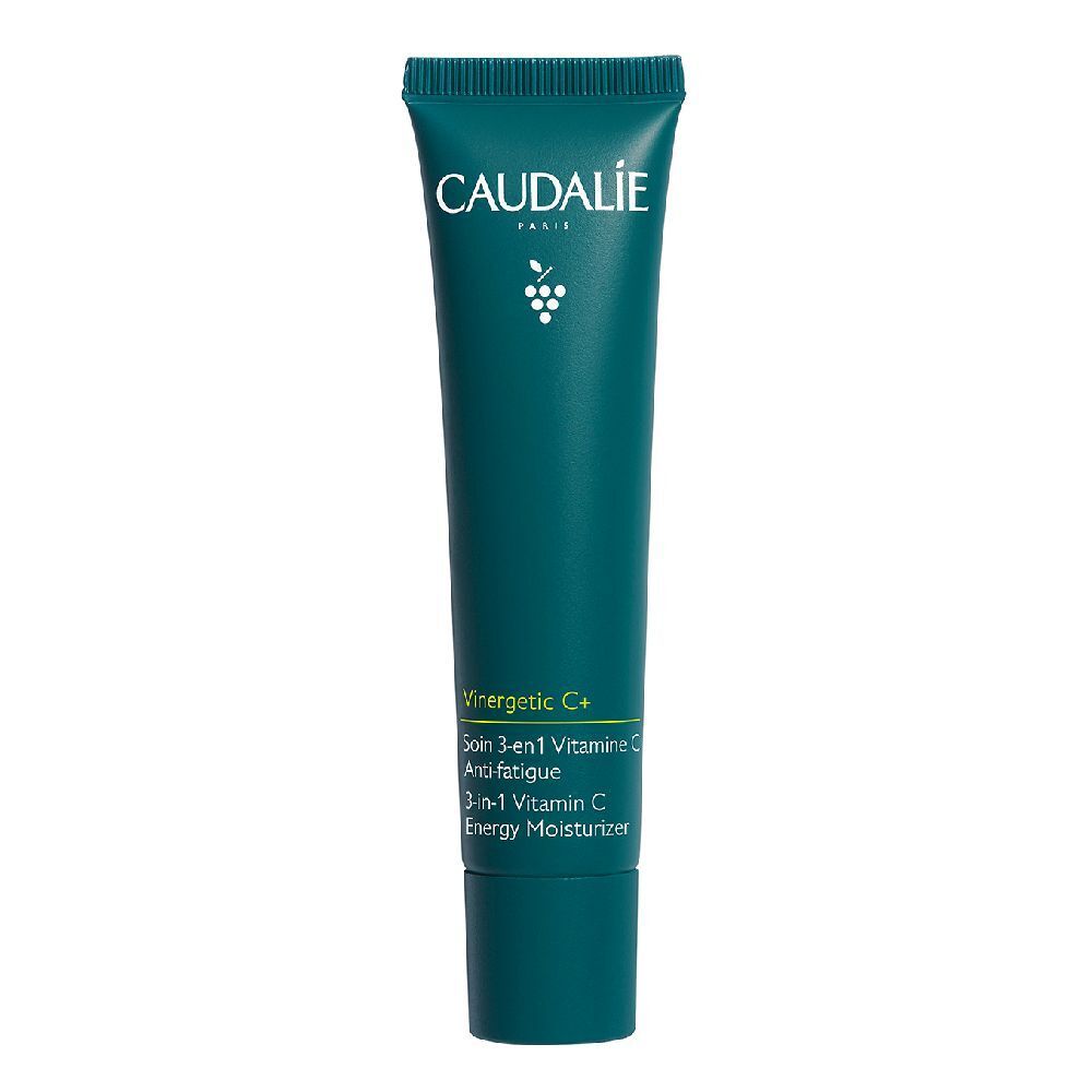 Tubo verde Caudalie con logo e nome prodotto. Contiene 'Vinergetic C+' e '3-in-1 Vitamina C'.