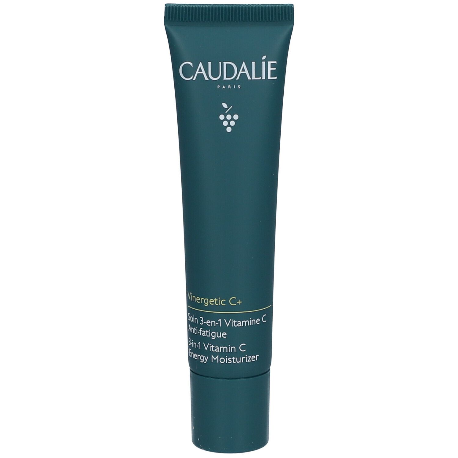 Tubo verde Caudalie con logo e nome prodotto. Contiene 'Vinergetic C+' e '3-in-1 Vitamina C'.