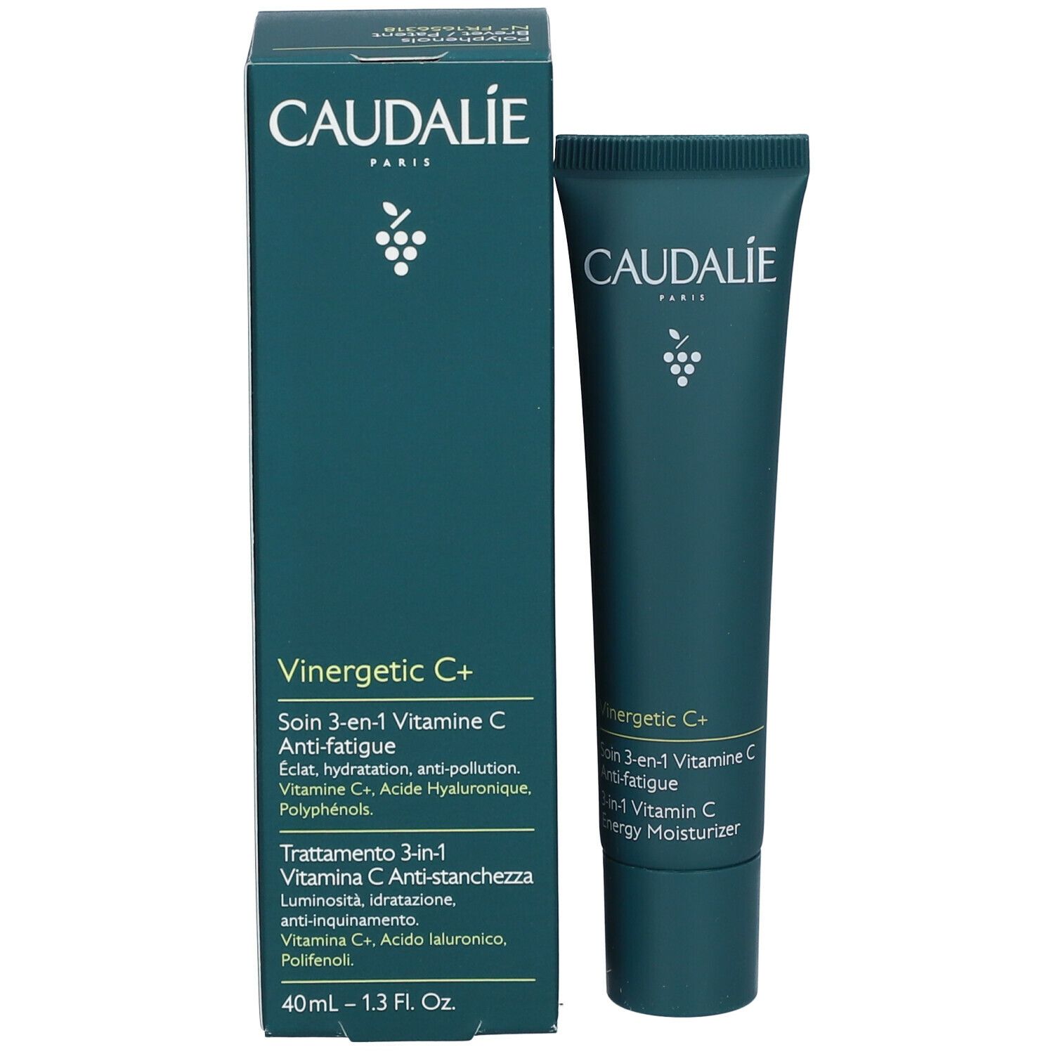 Confezione prodotto: scatola e tubo verdi. Contiene 'Caudalie Vinergetic C+' e informazioni.