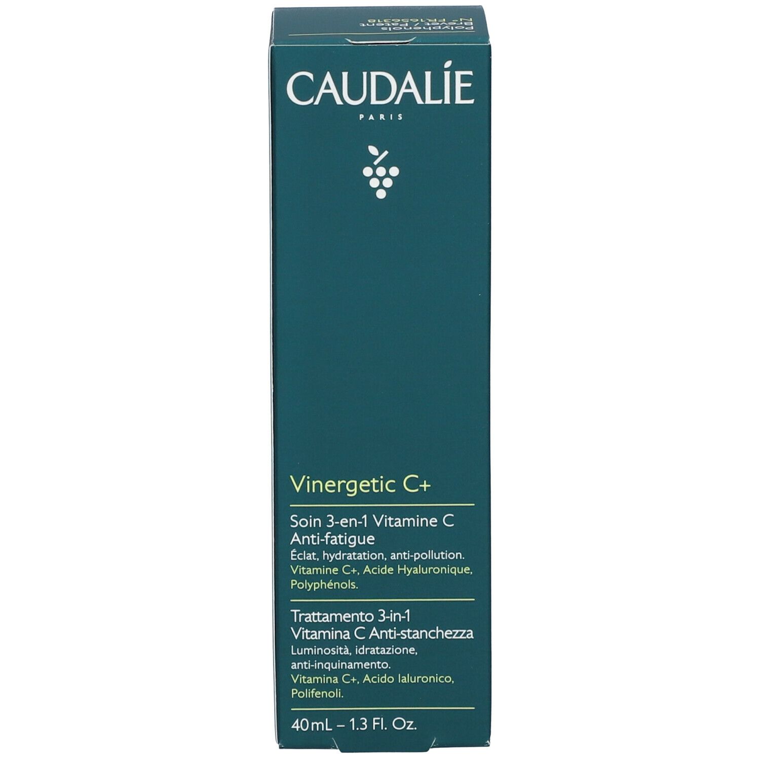 Scatola verde con logo Caudalie e 'Vinergetic C+'. Contiene informazioni sul prodotto.