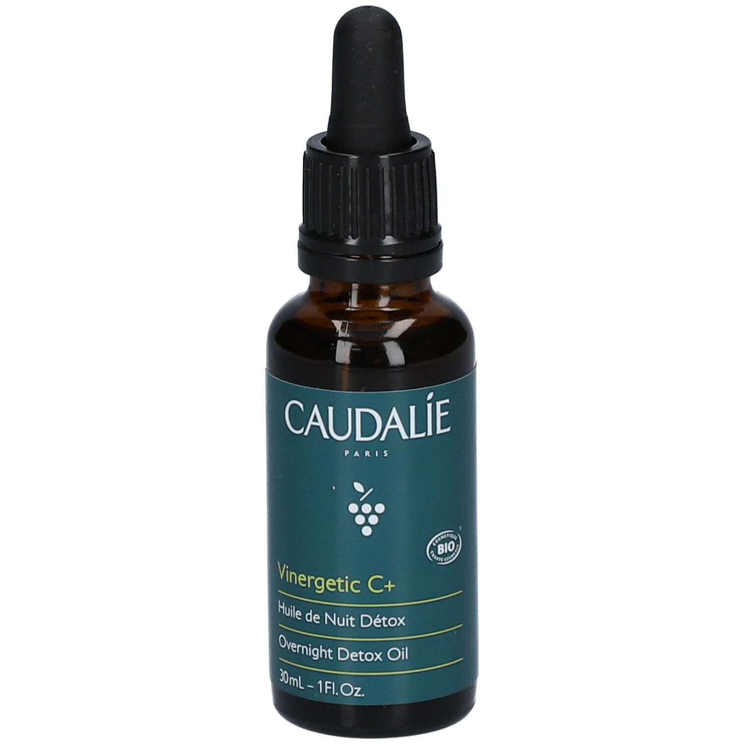 Flacone di vetro marrone con tappo nero e pipetta. Scritta Caudalie, Vinergetic C+, Huile de Nuit Détox, Overnight Detox Oil.