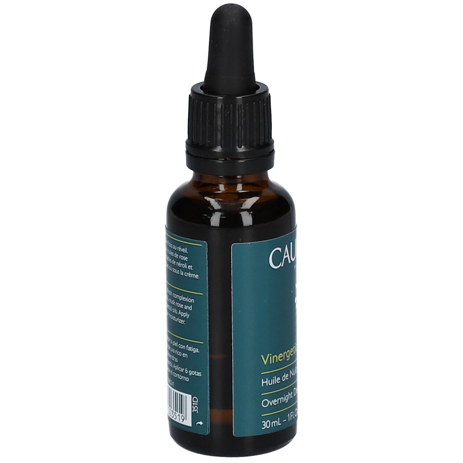Flacone di vetro marrone con tappo nero e pipetta. Scritta Caudalie, Vinergetic C+, Huile de Nuit Détox, Overnight Detox Oil.