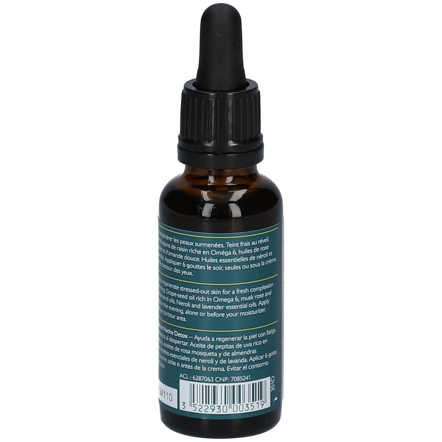 Flacone di vetro marrone con tappo nero e pipetta. Scritta Caudalie, Vinergetic C+, Huile de Nuit Détox, Overnight Detox Oil.