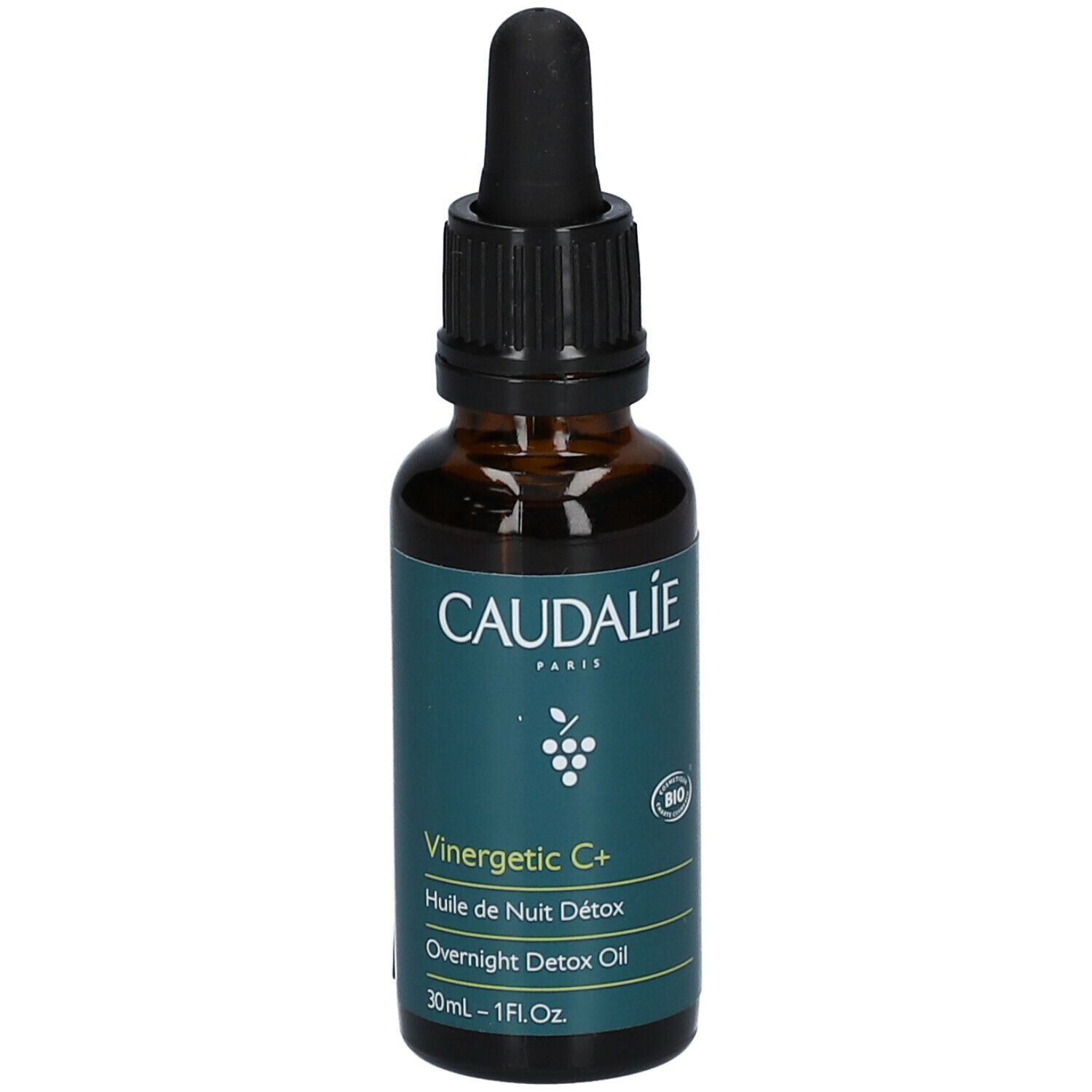 Flacone di vetro marrone con tappo nero e pipetta. Scritta Caudalie, Vinergetic C+, Huile de Nuit Détox, Overnight Detox Oil.