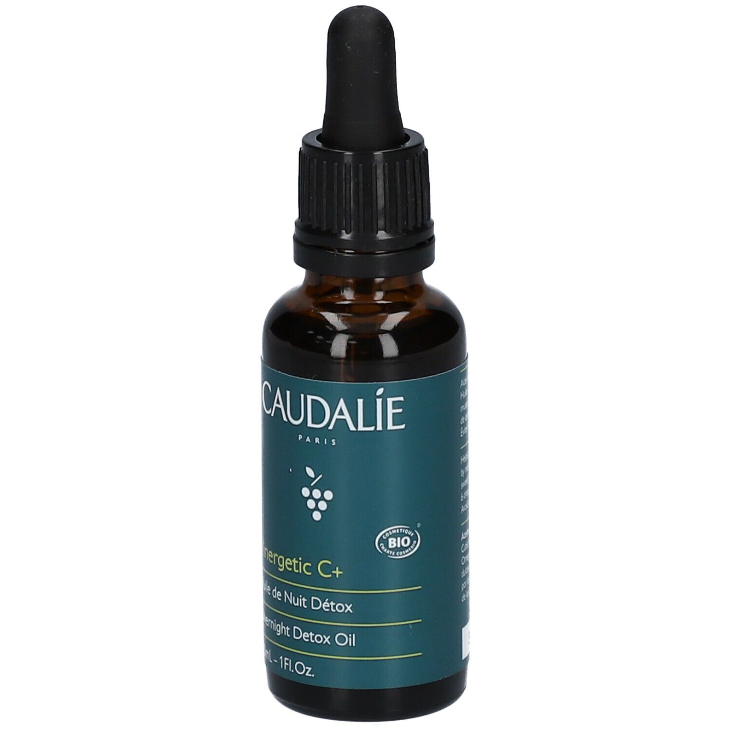 Flacone di vetro marrone con tappo nero e pipetta. Scritta Caudalie, Vinergetic C+, Huile de Nuit Détox, Overnight Detox Oil.