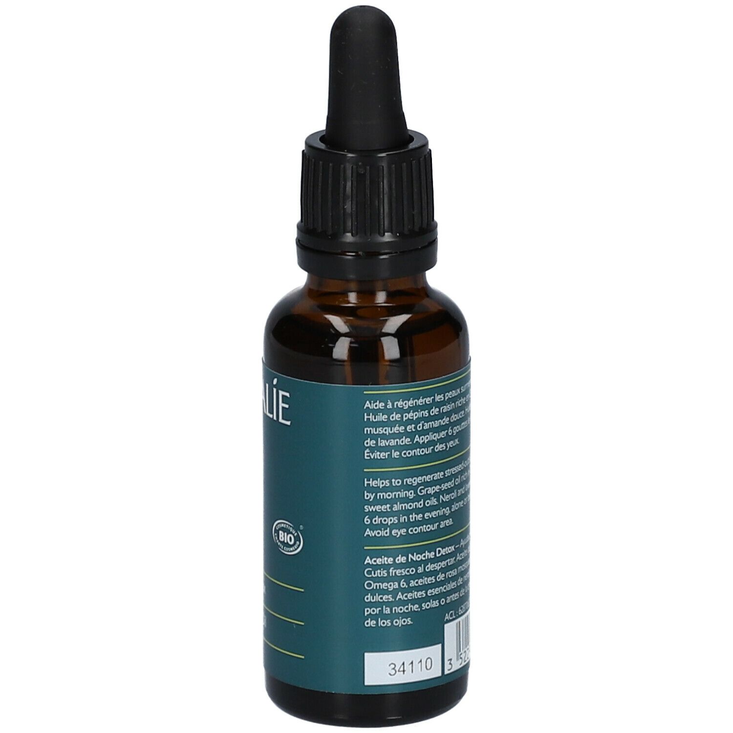 Flacone di vetro marrone con tappo nero e pipetta. Scritta Caudalie, Vinergetic C+, Huile de Nuit Détox, Overnight Detox Oil.