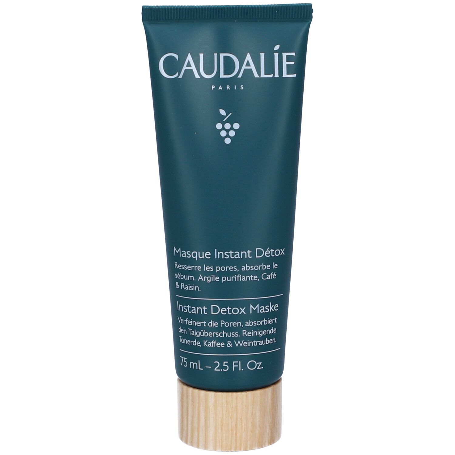 Tubo verde scuro con scritta bianca Caudalie. Scritto: Masque Instant Detox. Tappo color legno. 75 ml.