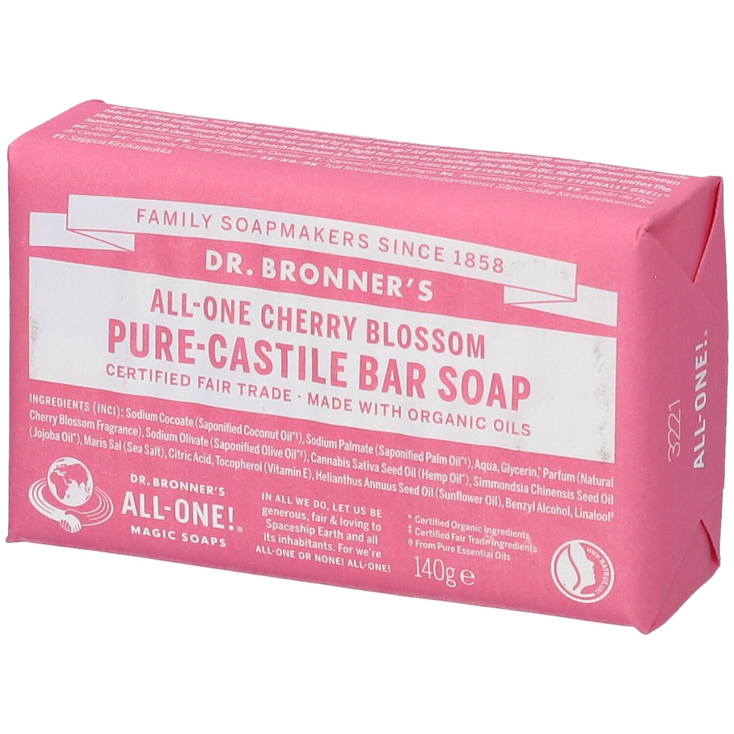 Dr. Bronner's All-One Cherry Blossom Pure-Castile Bar Soap, 140g.