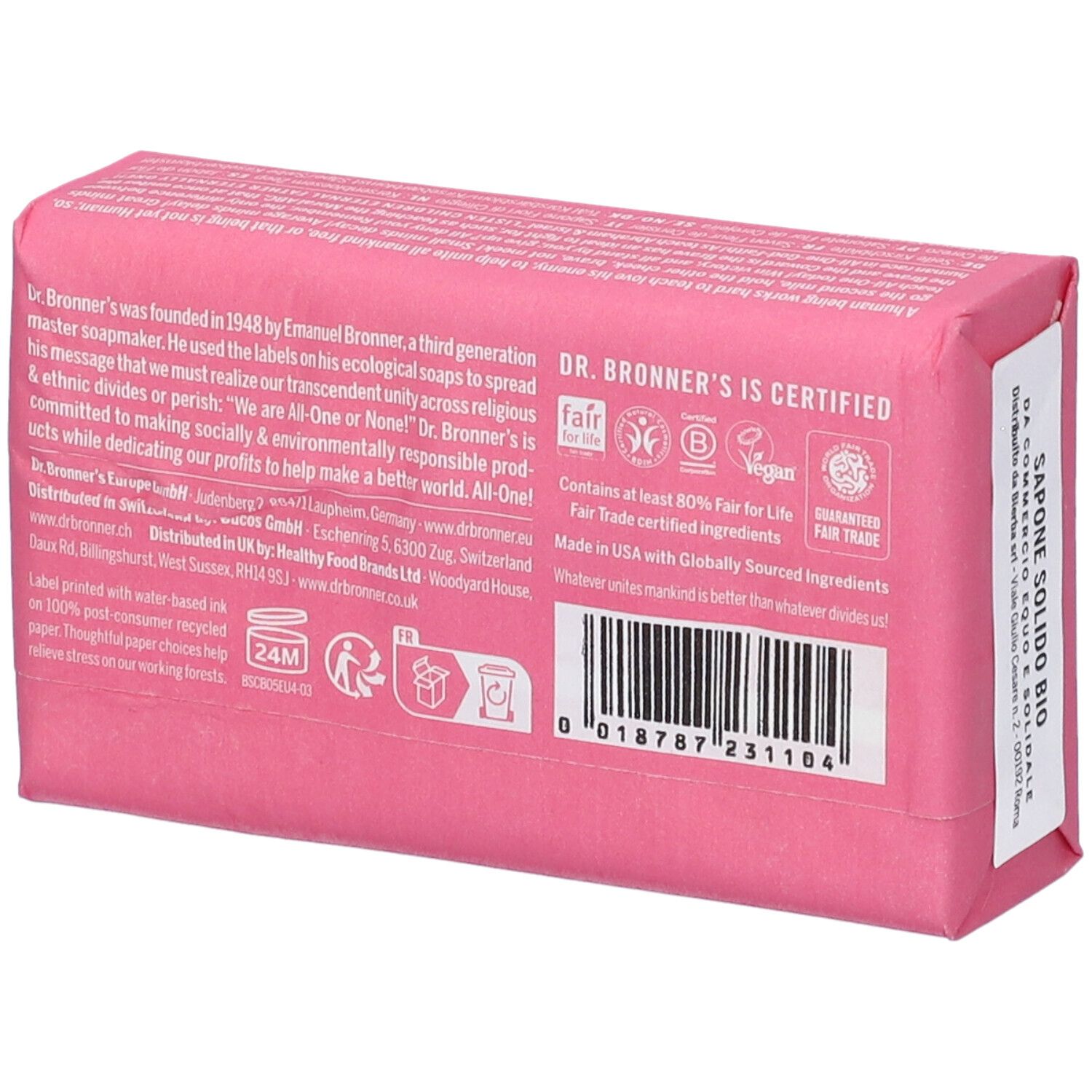 Dr. Bronner's feste Seife in Rosa mit Fair-Trade-Siegeln und Vegan-Logo.