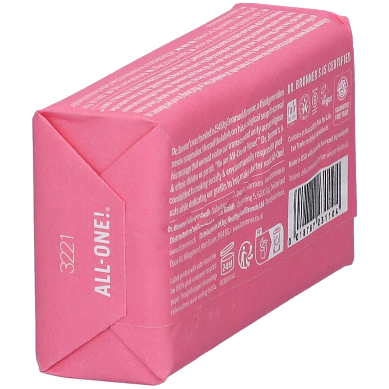 Dr. Bronner's Seife, "All-One!" Aufschrift, rosa Verpackung.