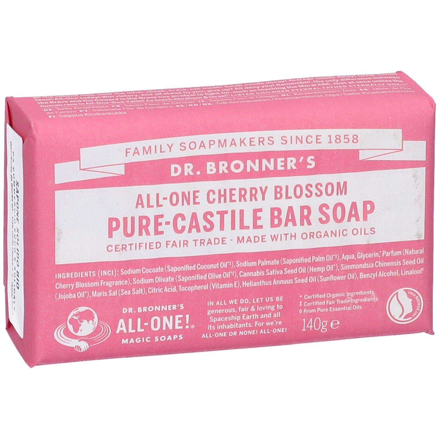 Dr. Bronner's All-One Cherry Blossom Pure-Castile Bar Soap, 140g. Rosa Verpackung mit Produktinformationen.