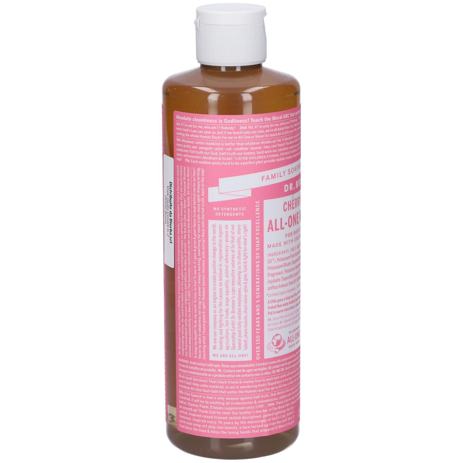 Braune Flüssigkeit in einer durchsichtigen Flasche mit weißem Verschluss und rosa Etikett. Dr. Bronner's Cherry All-One.
