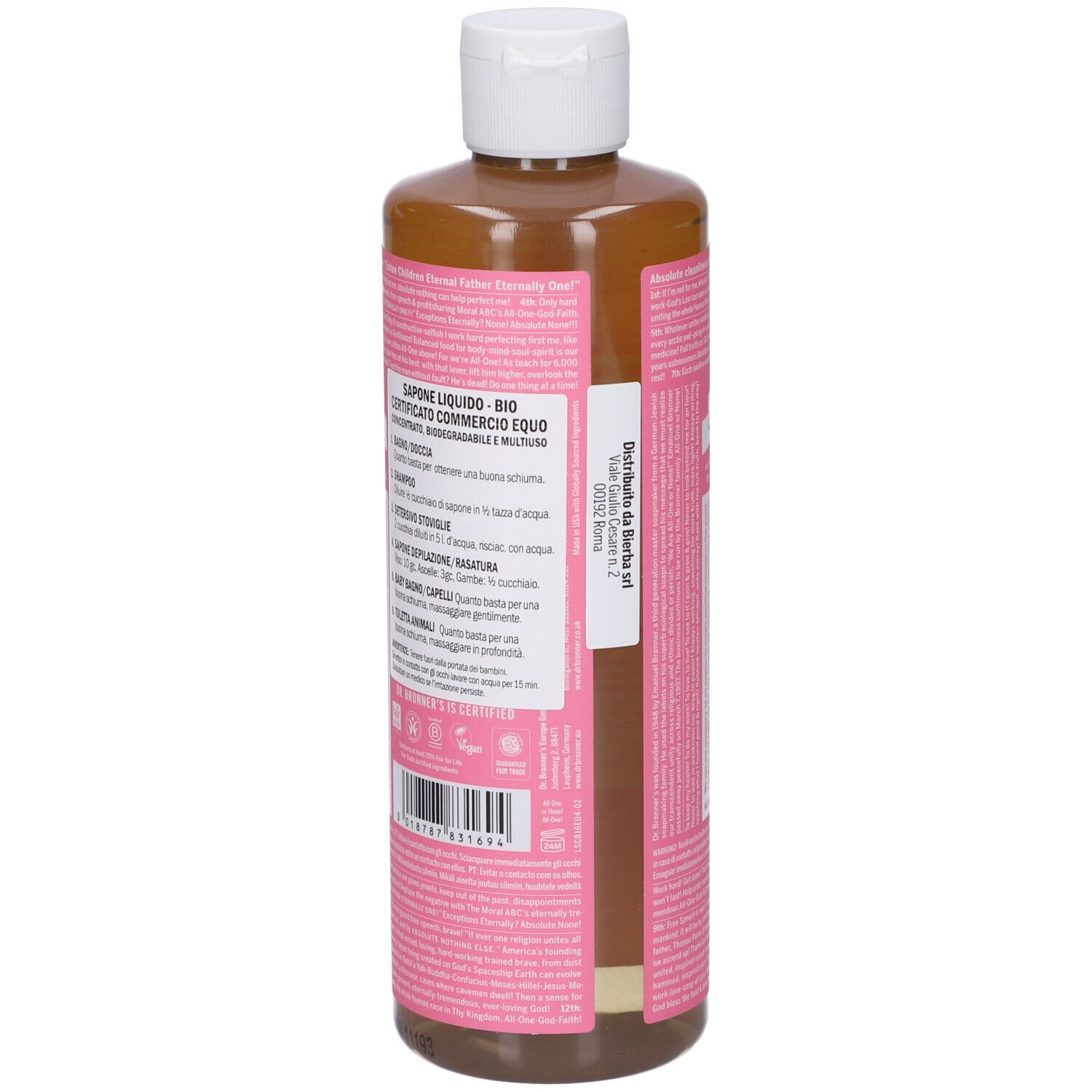 Braune Flüssigseife in durchsichtiger Flasche mit weißem Deckel. Rosa Etikett mit Text und Barcode.