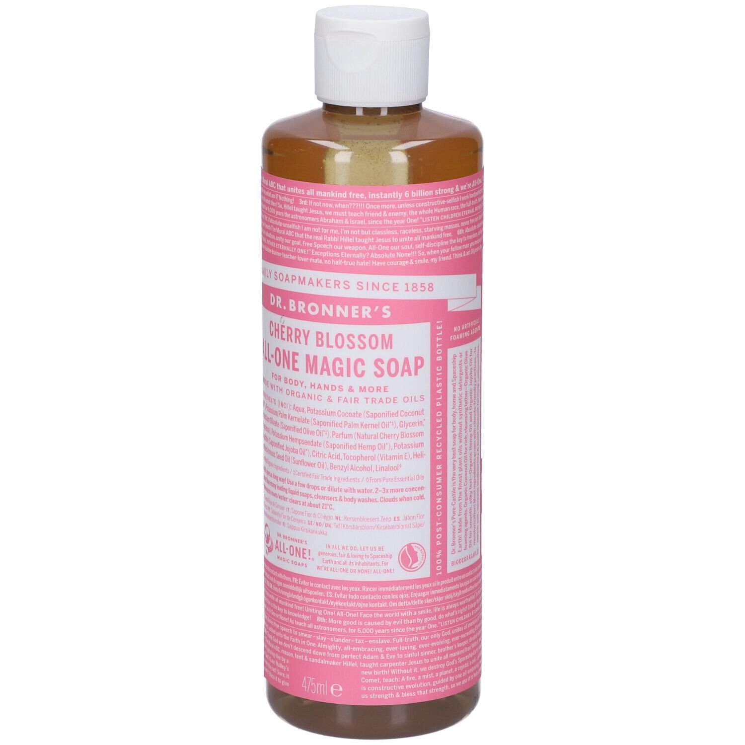 Dr. Bronner's Cherry Blossom All-One Magic Soap in einer durchsichtigen Flasche mit weißem Deckel. Rosa Etikett mit Produktinformationen.