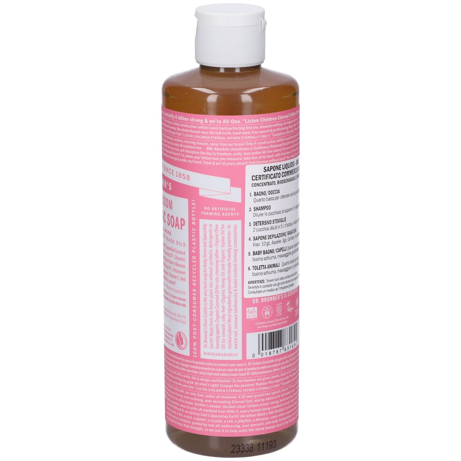 Braune Flüssigseife in durchsichtiger Flasche mit weißem Deckel. Rosa Etikett mit schwarzem Text.