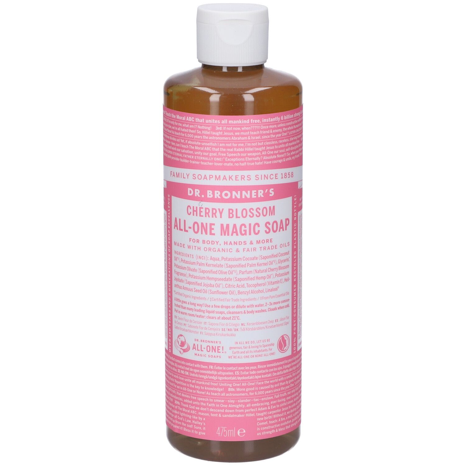 Dr. Bronner's Cherry Blossom All-One Magic Soap Flasche mit weißem Deckel. 475ml.