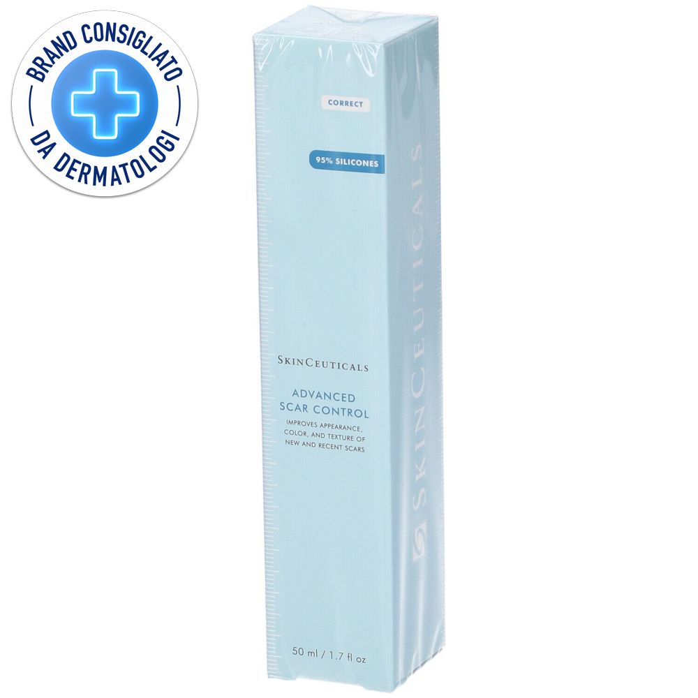 Prodotto confezionato in azzurro chiaro. Scritta: SkinCeuticals Advanced Scar Control. Con sigillo "Brand Consigliato da Dermatologi".