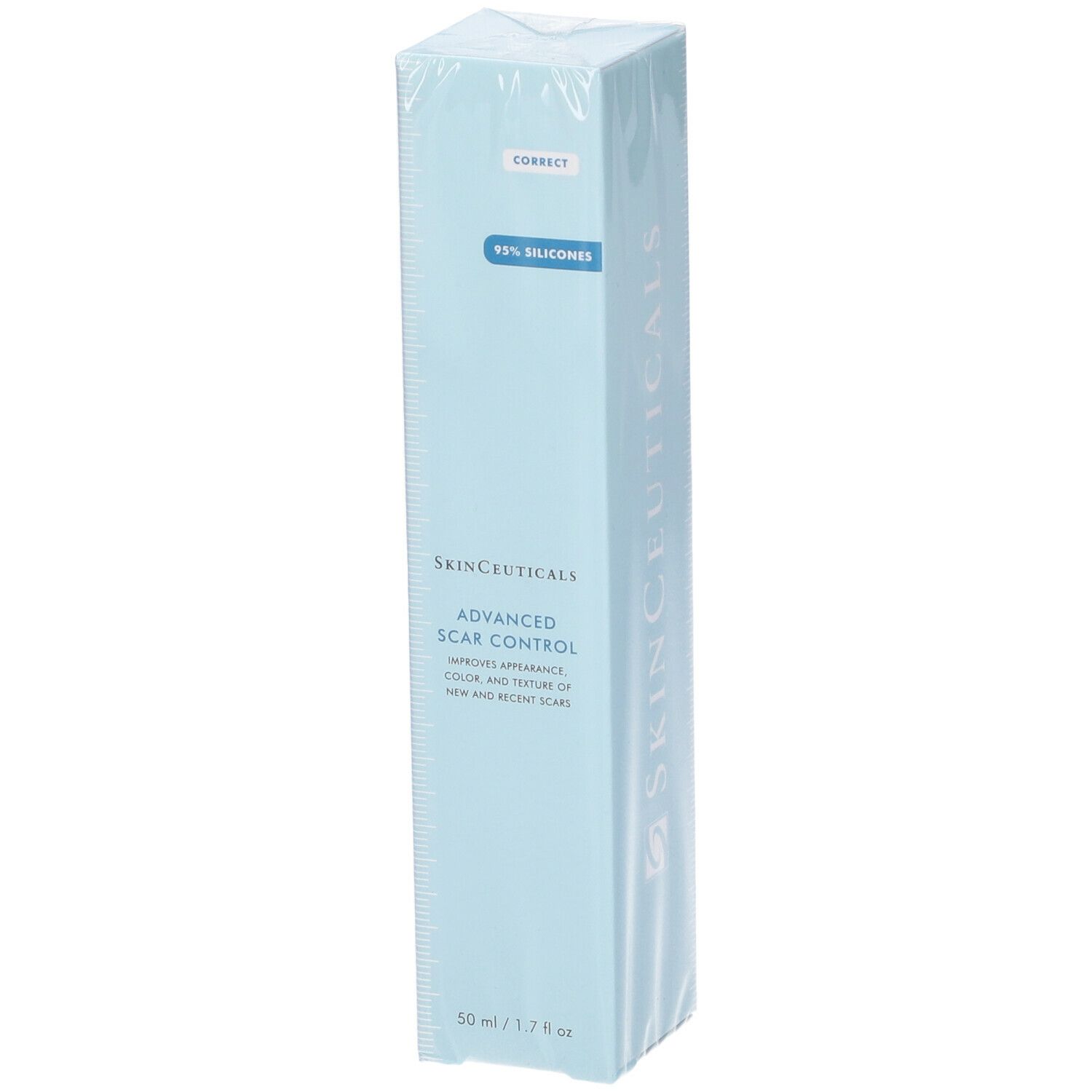 Prodotto confezionato in azzurro chiaro. Scritta: SkinCeuticals Advanced Scar Control. Contiene 95% siliconi.