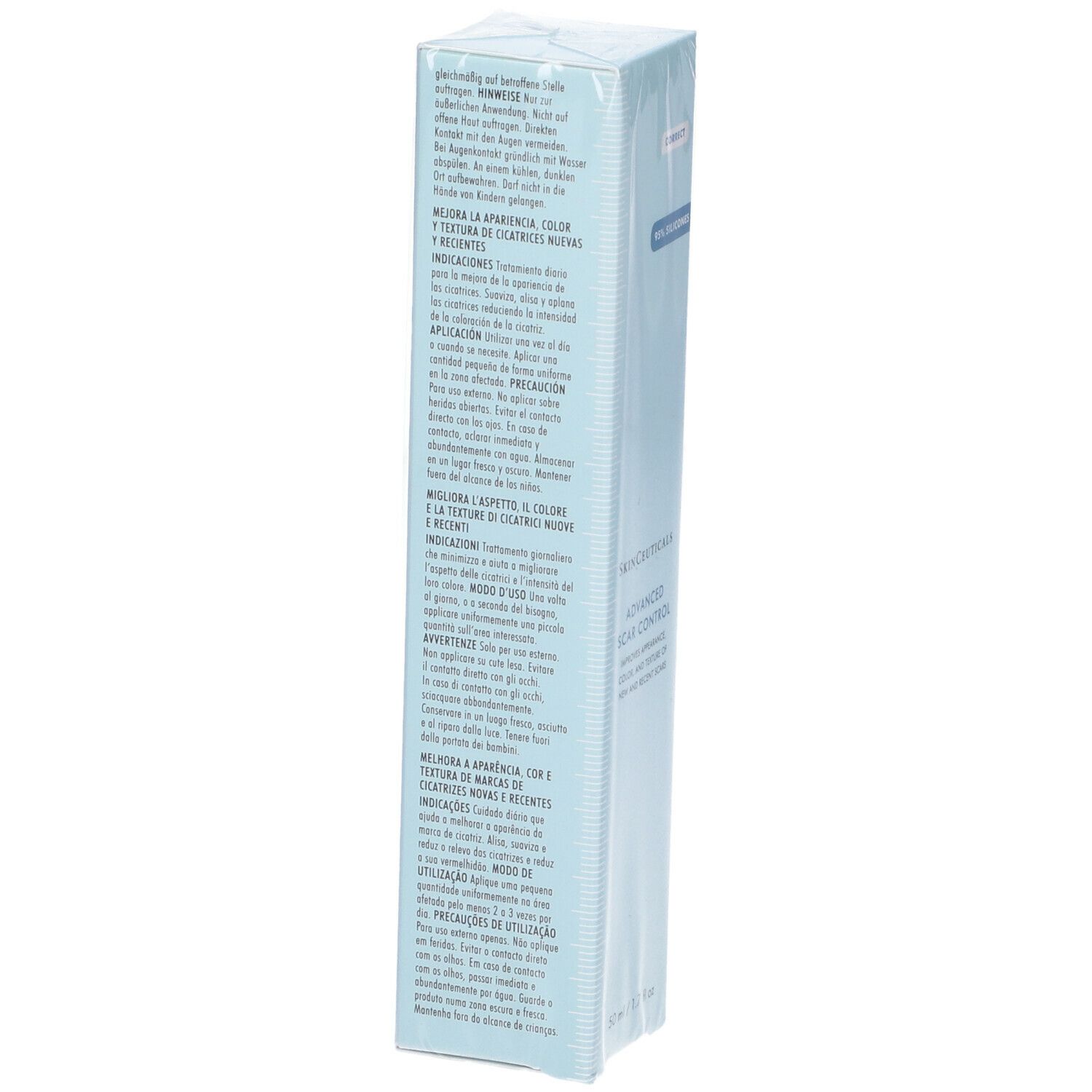 Prodotto confezionato in azzurro chiaro. Scritta: SkinCeuticals Advanced Scar Control. Retro con testo.