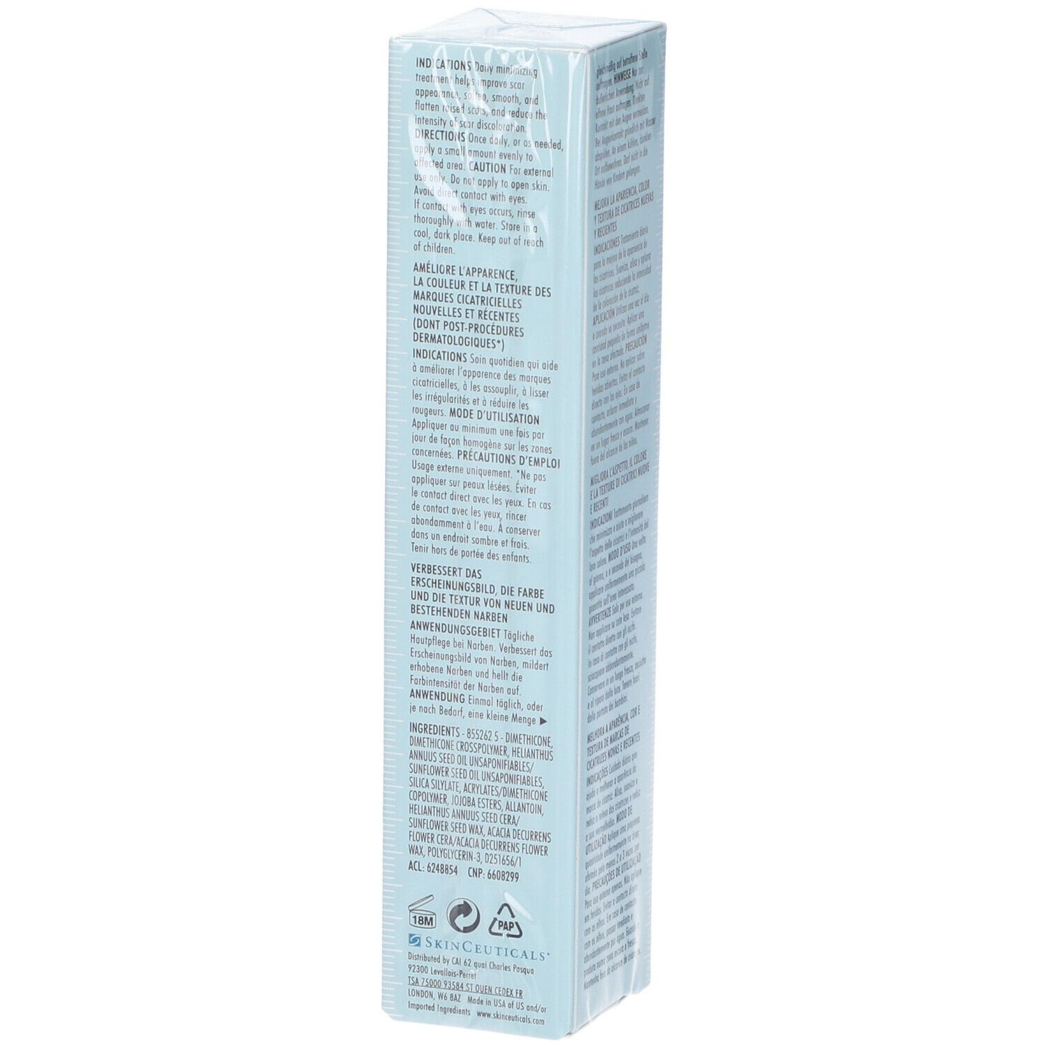 Prodotto confezionato in azzurro chiaro. Scritta: SkinCeuticals. Retro con testo.