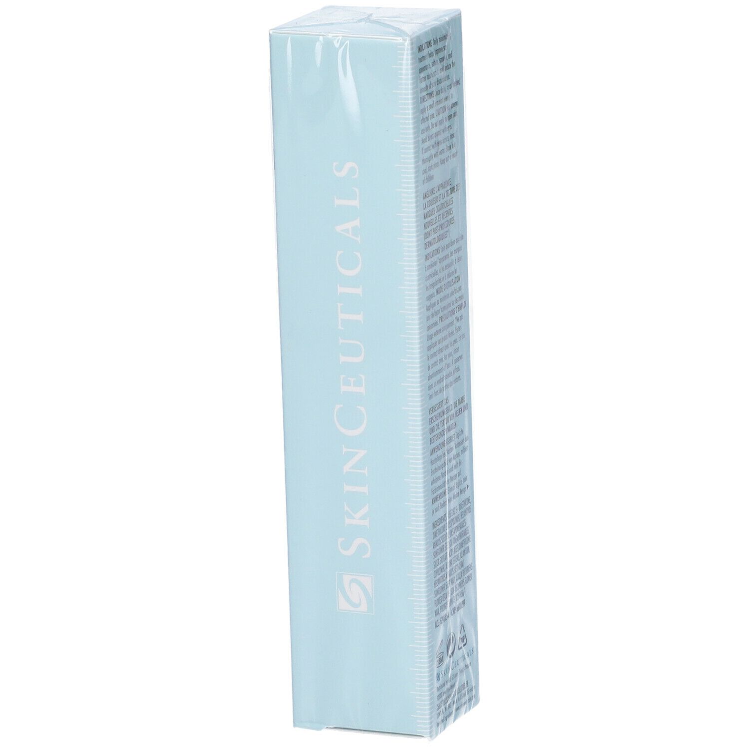 Prodotto confezionato in azzurro chiaro. Scritta: SkinCeuticals. Retro con testo.