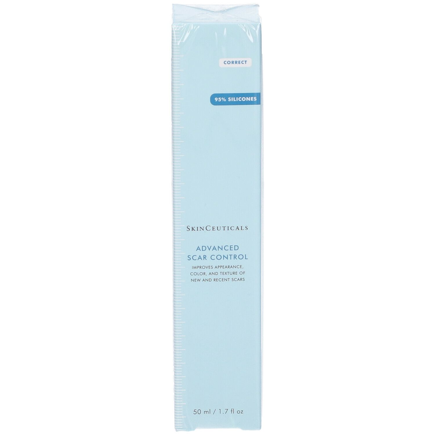 Prodotto confezionato in azzurro chiaro. Scritta: SkinCeuticals Advanced Scar Control. Contiene 95% siliconi.