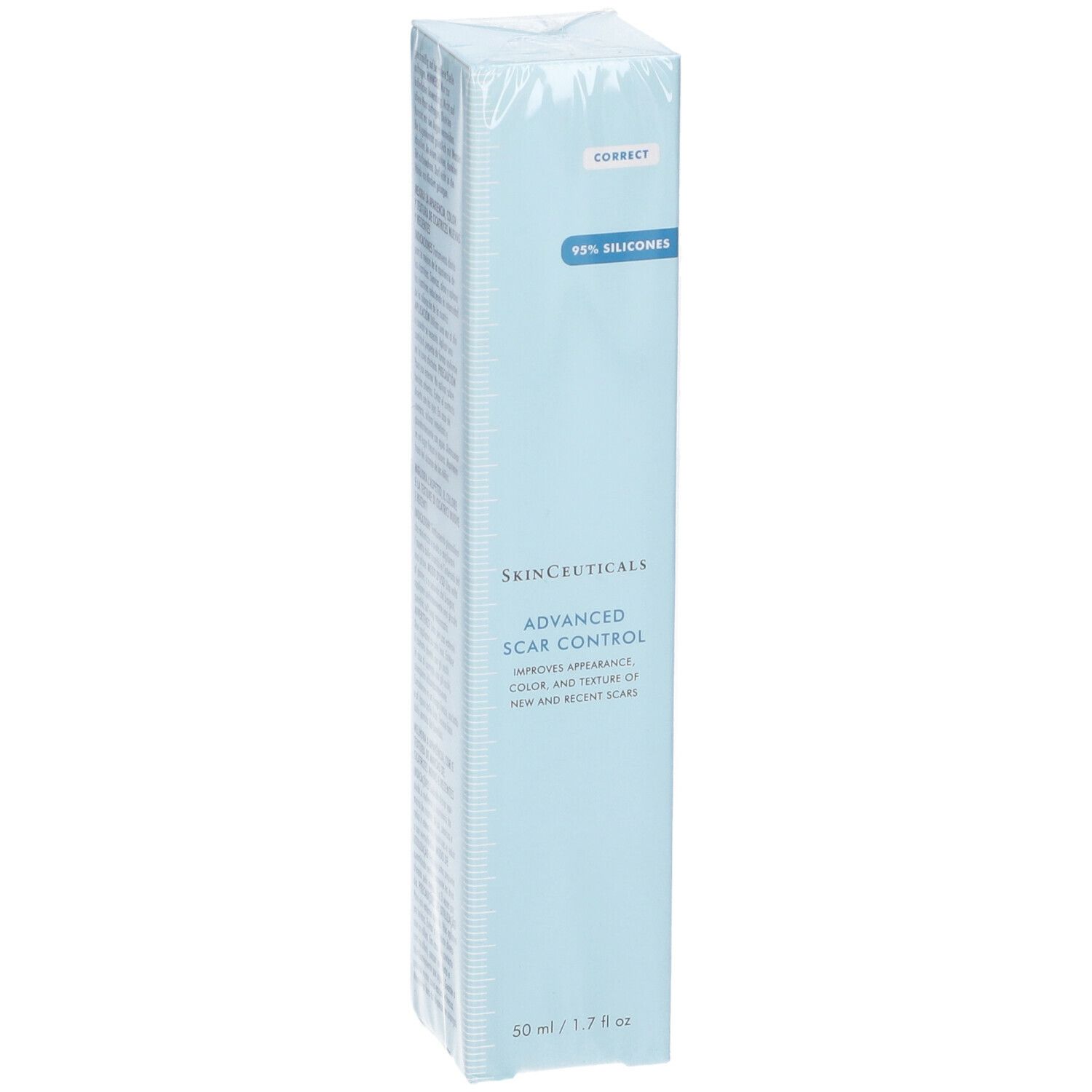 Prodotto confezionato in azzurro chiaro. Scritta: SkinCeuticals Advanced Scar Control. Contiene 95% siliconi.