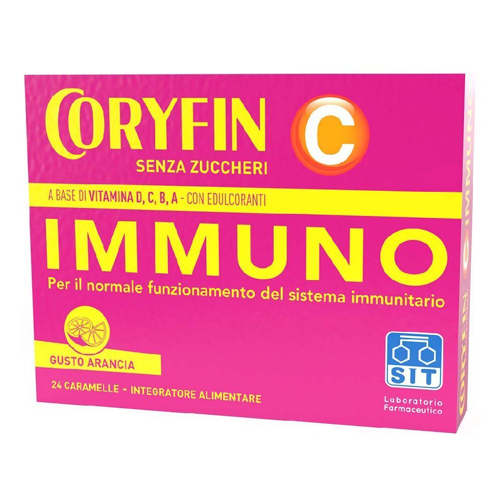 Scatola rosa con testo giallo. Scritto: Coryfin C Immuno, senza zucchero, con vitamine e dolcificanti. Gusto: Arancia. 24 caramelle.