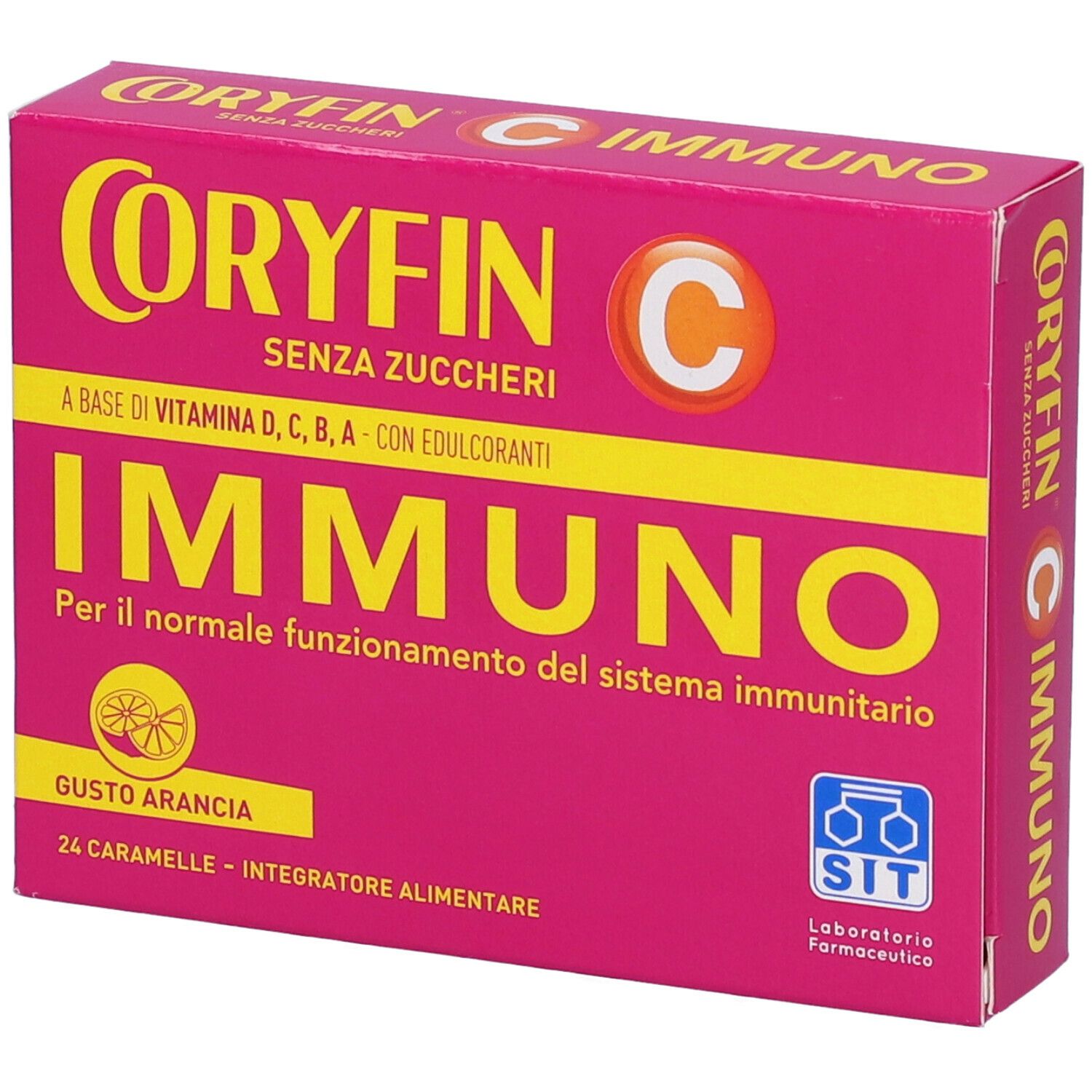Scatola rosa con testo giallo. Scritto: Coryfin C Immuno, senza zucchero, con vitamine e dolcificanti. Gusto: Arancia. 24 caramelle.