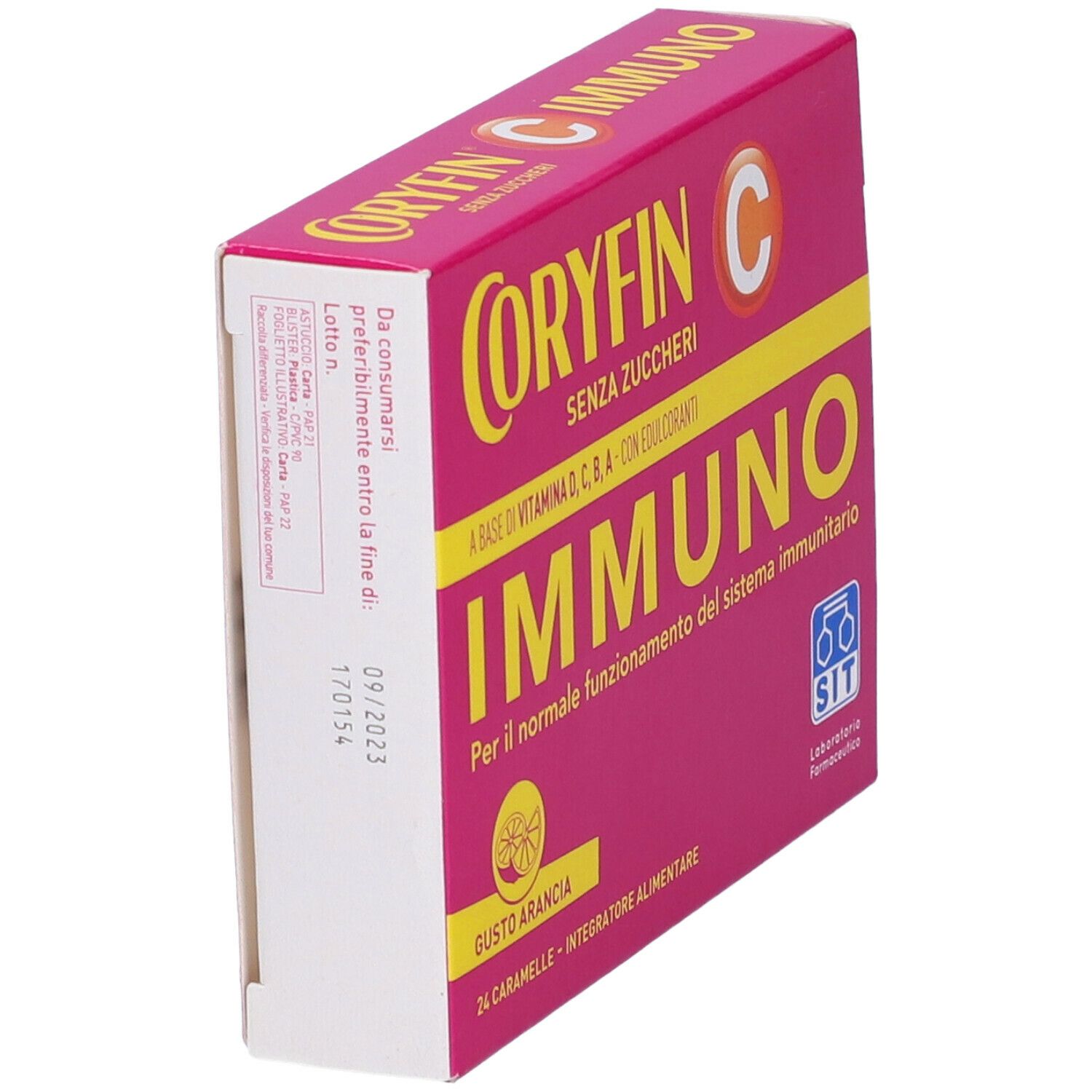 Scatola rosa con testo giallo. Scritto: Coryfin C Immuno, senza zucchero, con vitamine e dolcificanti. Gusto: Arancia. 24 caramelle.