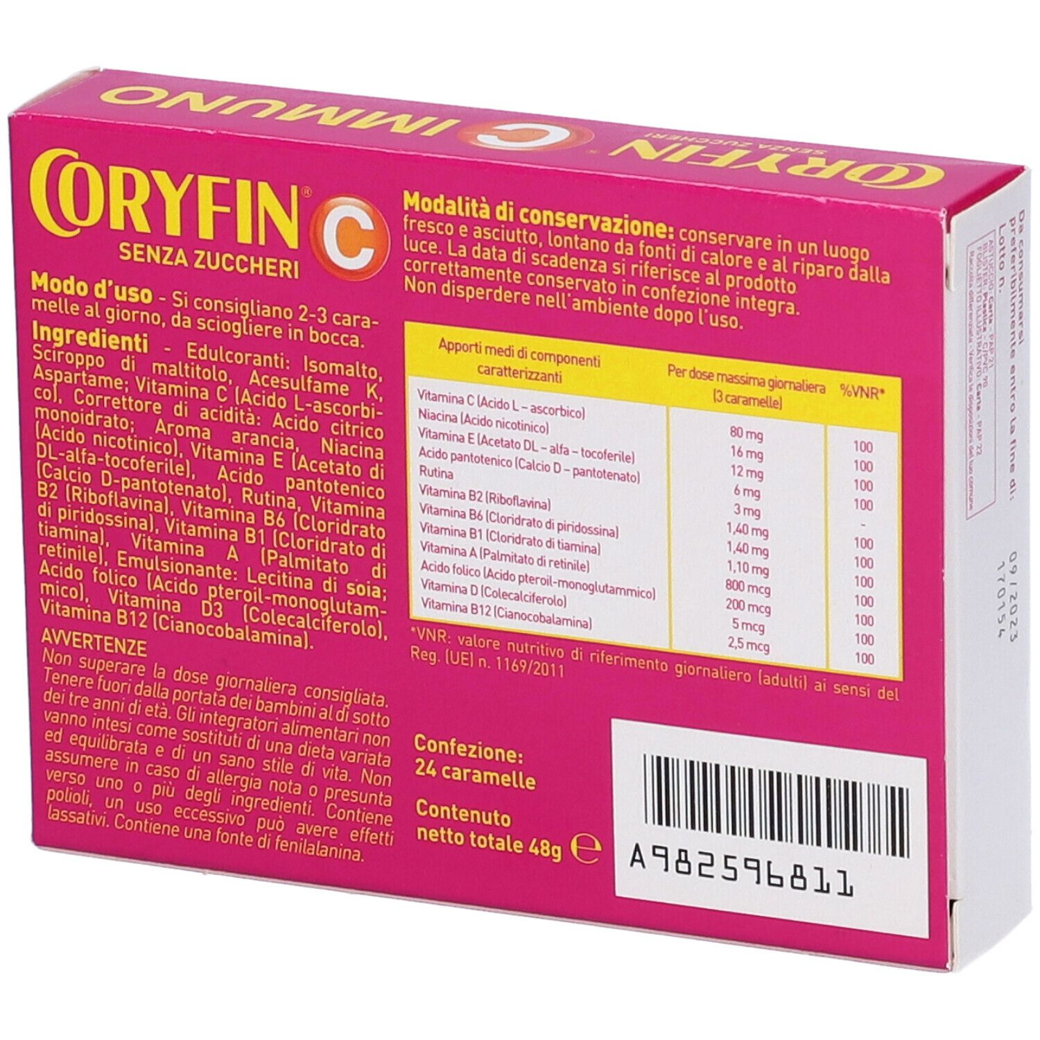 Retro di una scatola rosa. Contiene informazioni su ingredienti, valori nutrizionali e raccomandazioni d'uso. Marca: Coryfin C Immuno.