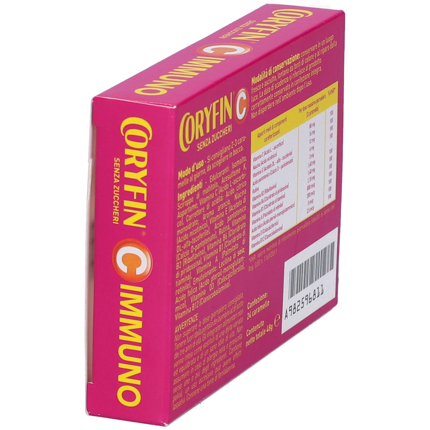 Vista laterale di una scatola rosa. Scritto: Coryfin C Immuno, senza zucchero. Contiene informazioni su ingredienti e valori nutrizionali.