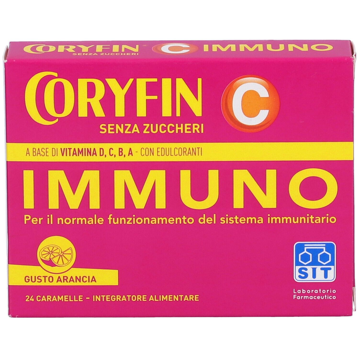 Scatola rosa con testo giallo. Scritto: Coryfin C Immuno, senza zucchero, con vitamine e dolcificanti. Gusto: Arancia. 24 caramelle.