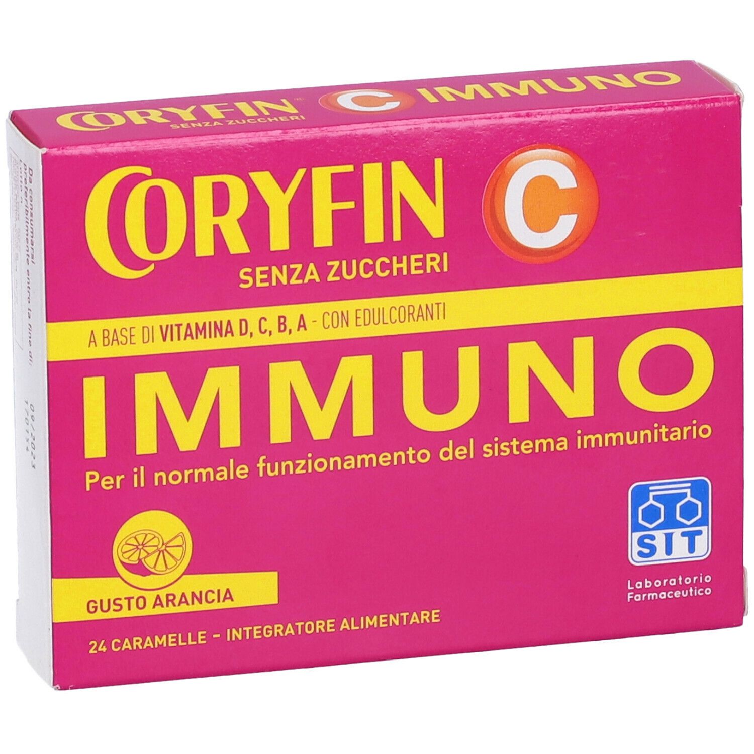 Scatola rosa con testo giallo. Scritto: Coryfin C Immuno, senza zucchero, con vitamine e dolcificanti. Gusto: Arancia. 24 caramelle.