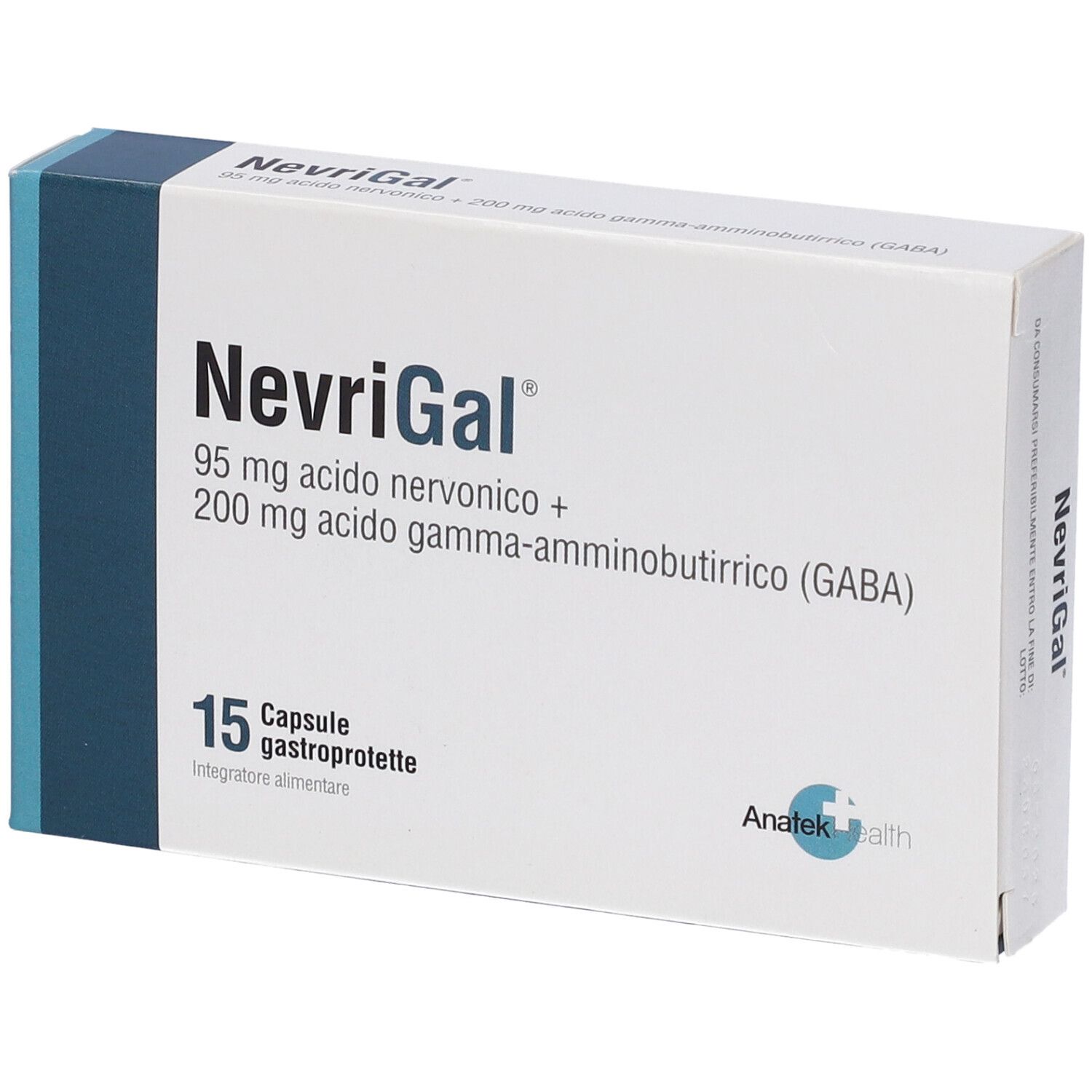 Scatola di NevriGal. Scritto: 95 mg acido nervonico + 200 mg acido gamma-aminobutirrico (GABA). 15 capsule.